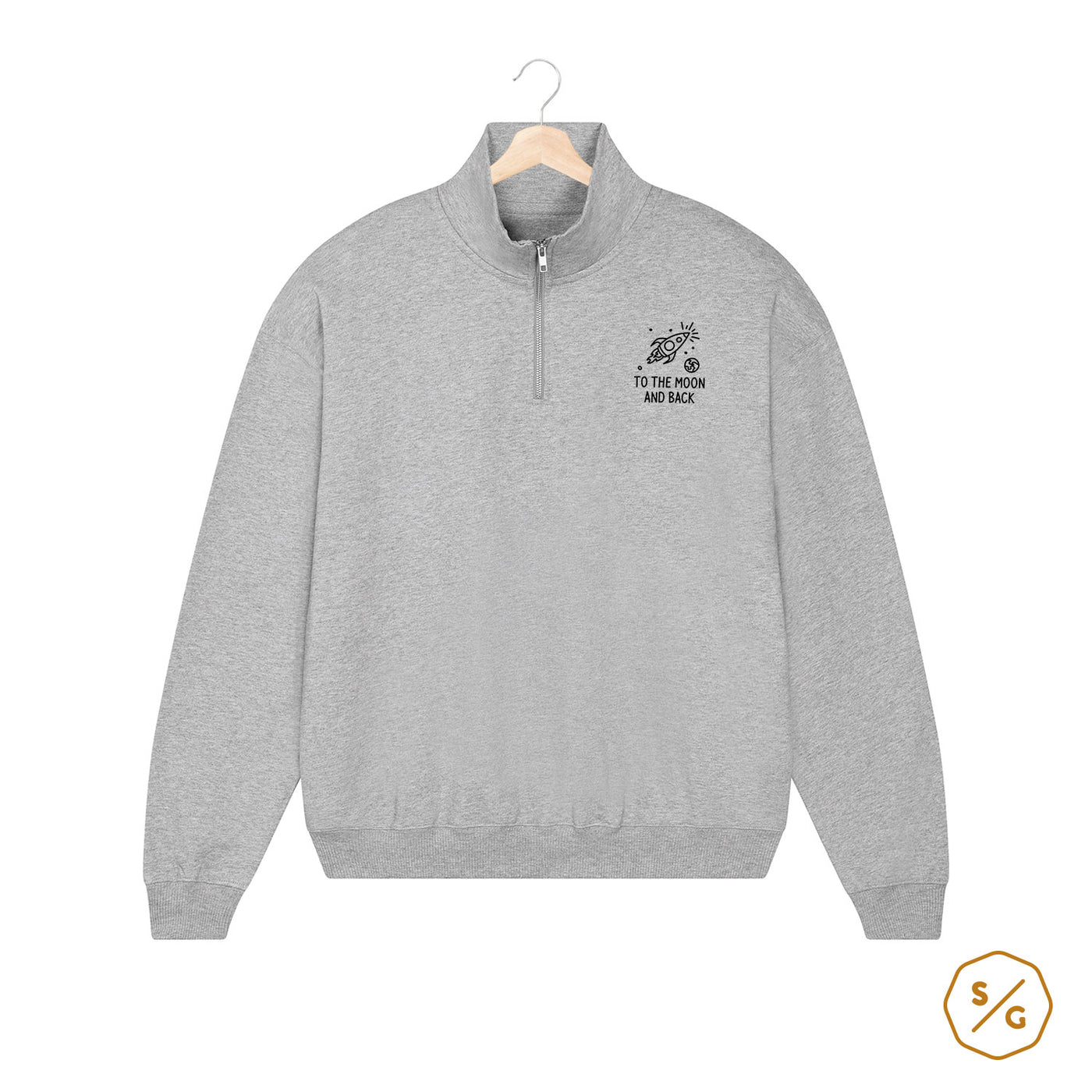 EMBROIDERED HALF-ZIP SWEATER • TO THE MOON AND BACK