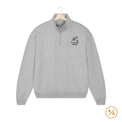 EMBROIDERED HALF-ZIP SWEATER • TO THE MOON AND BACK