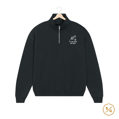 EMBROIDERED HALF-ZIP SWEATER • TO THE MOON AND BACK