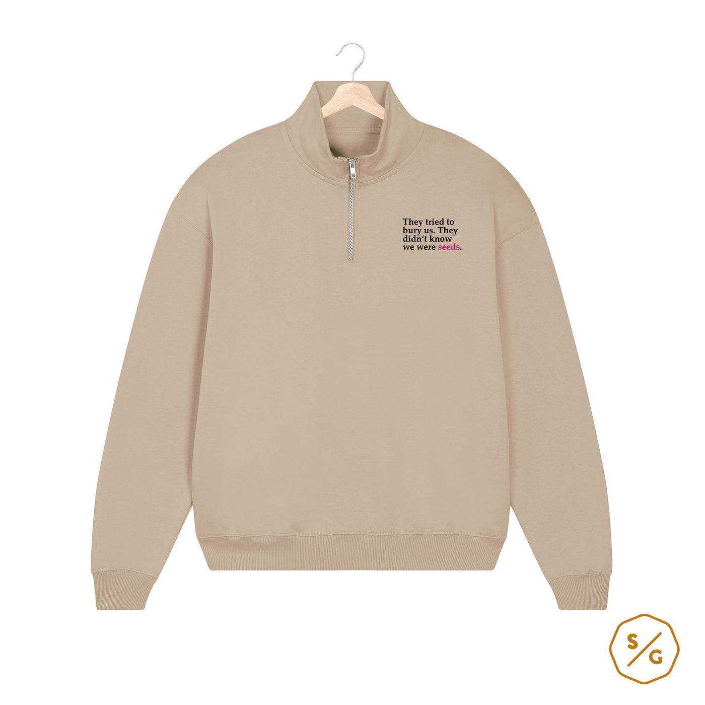 EMBROIDERED HALF-ZIP SWEATER • THEY TRIED TO BURY US