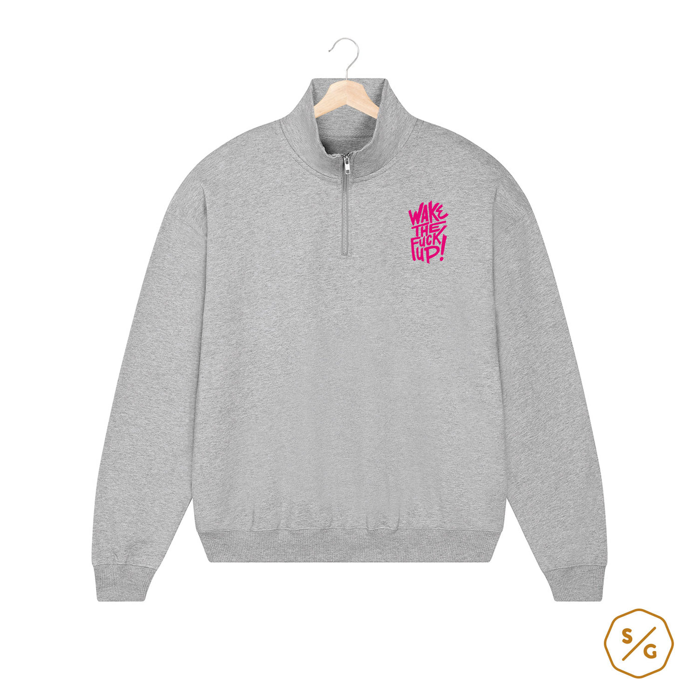 EMBROIDERED HALF-ZIP SWEATER • WAKE THE FUCK UP