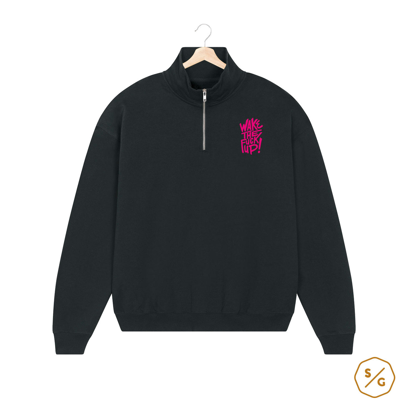 EMBROIDERED HALF-ZIP SWEATER • WAKE THE FUCK UP