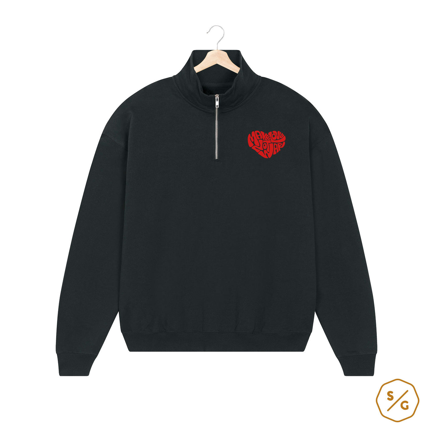 EMBROIDERED HALF-ZIP SWEATER • MAKE LOVE NOT WAR