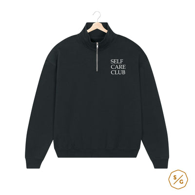 EMBROIDERED HALF-ZIP SWEATER • SELF CARE CLUB