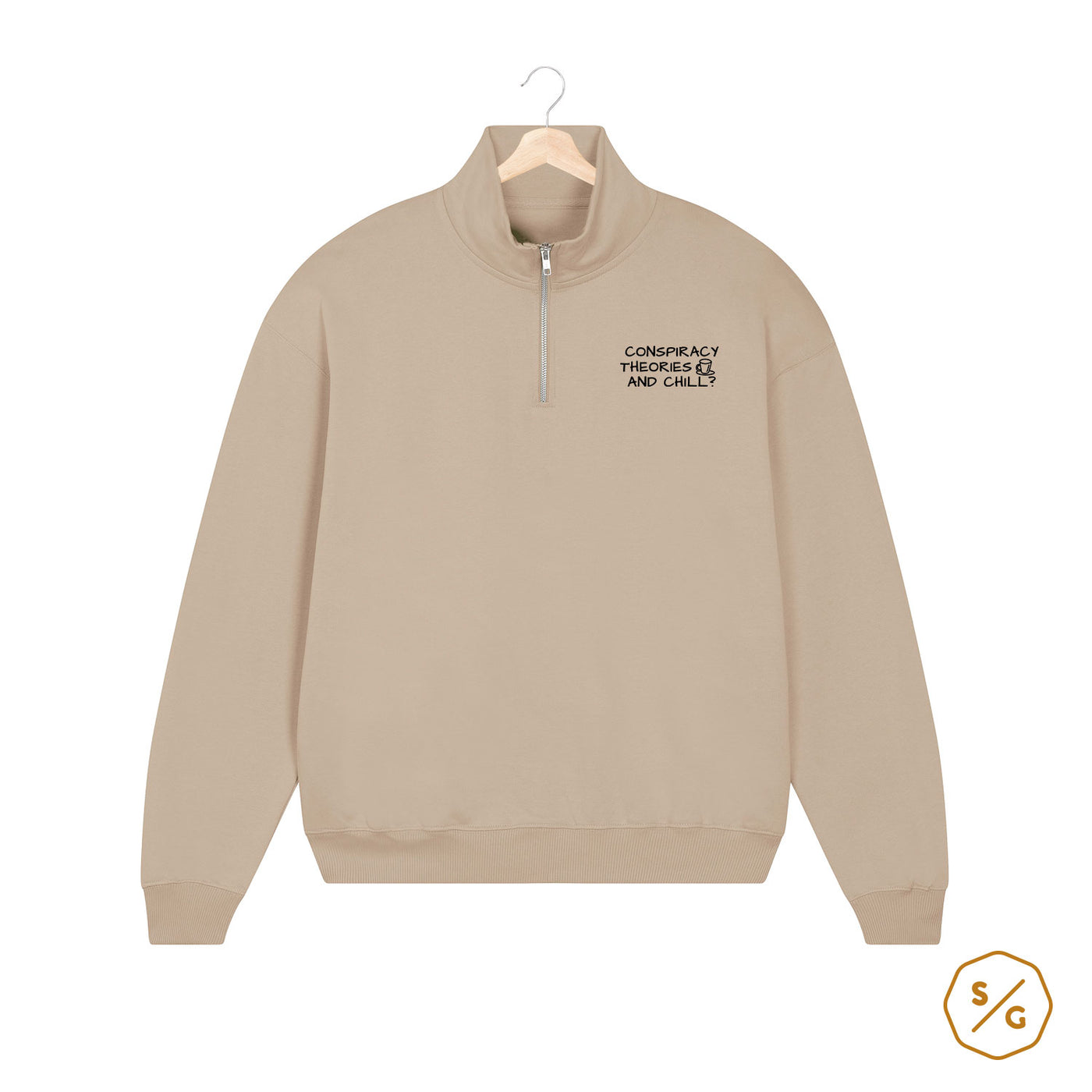 EMBROIDERED HALF-ZIP SWEATER • CONSPIRACY THEORIES AND CHILL?