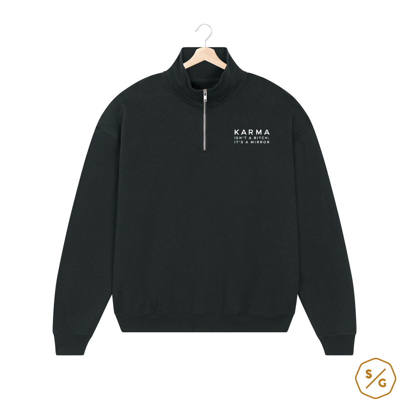 EMBROIDERED HALF-ZIP SWEATER • KARMA ISN'T A BITCH: IT'S A MIRROR