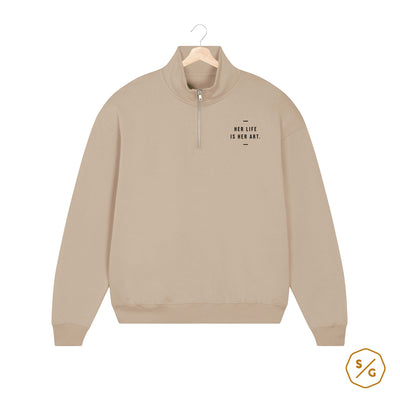 EMBROIDERED HALF-ZIP SWEATER • HER LIFE IS HER ART