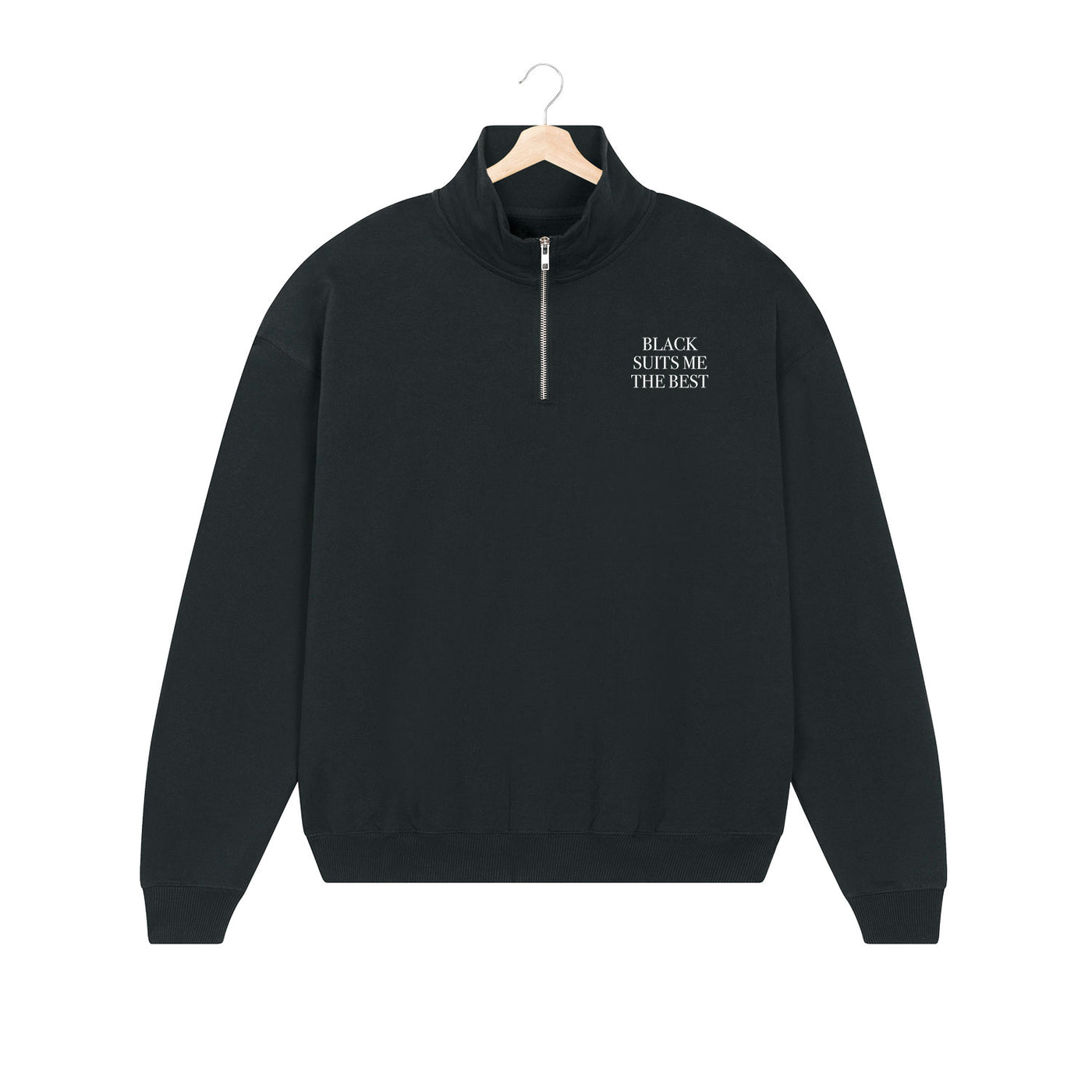 EMBROIDERED HALF-ZIP SWEATER • BLACK SUITS ME THE BEST