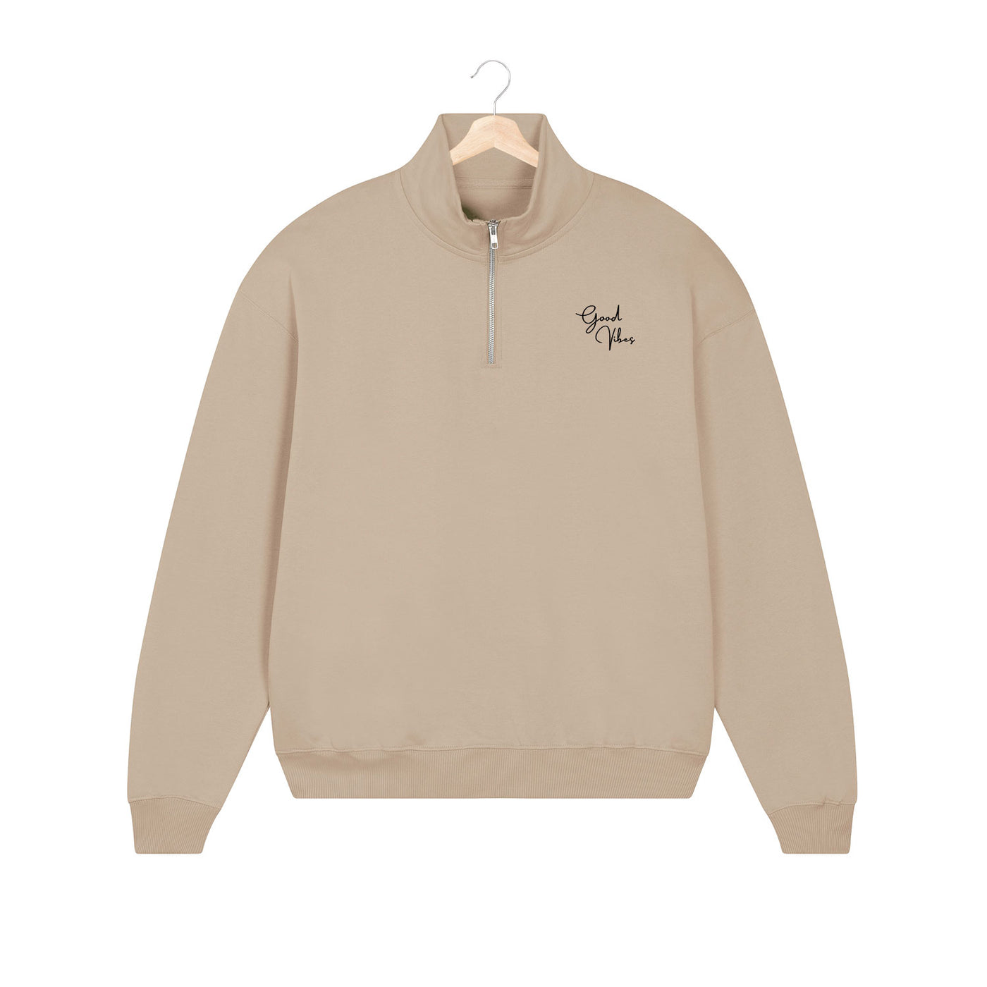 EMBROIDERED HALF-ZIP SWEATER • GOOD VIBES