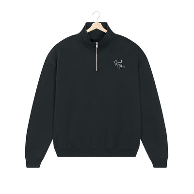 EMBROIDERED HALF-ZIP SWEATER • GOOD VIBES