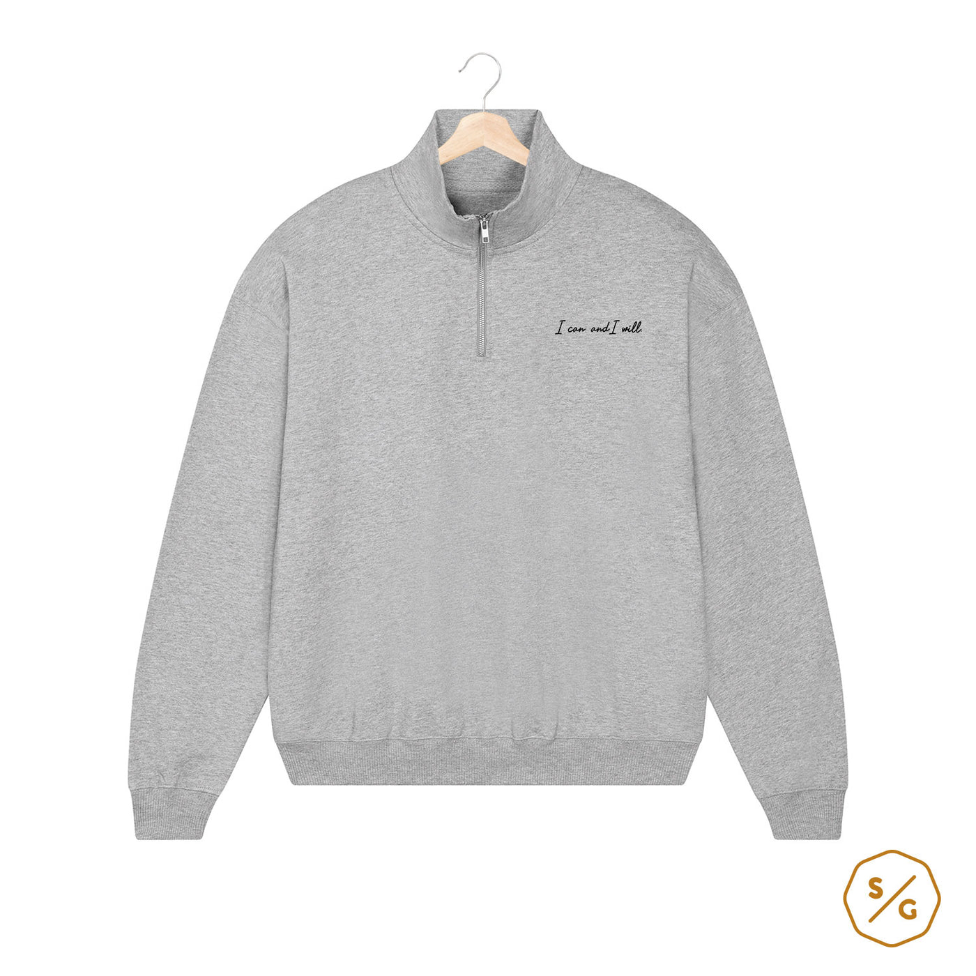 EMBROIDERED HALF-ZIP SWEATER • I CAN AND I WILL