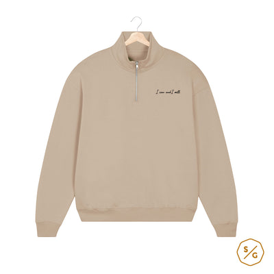 EMBROIDERED HALF-ZIP SWEATER • I CAN AND I WILL