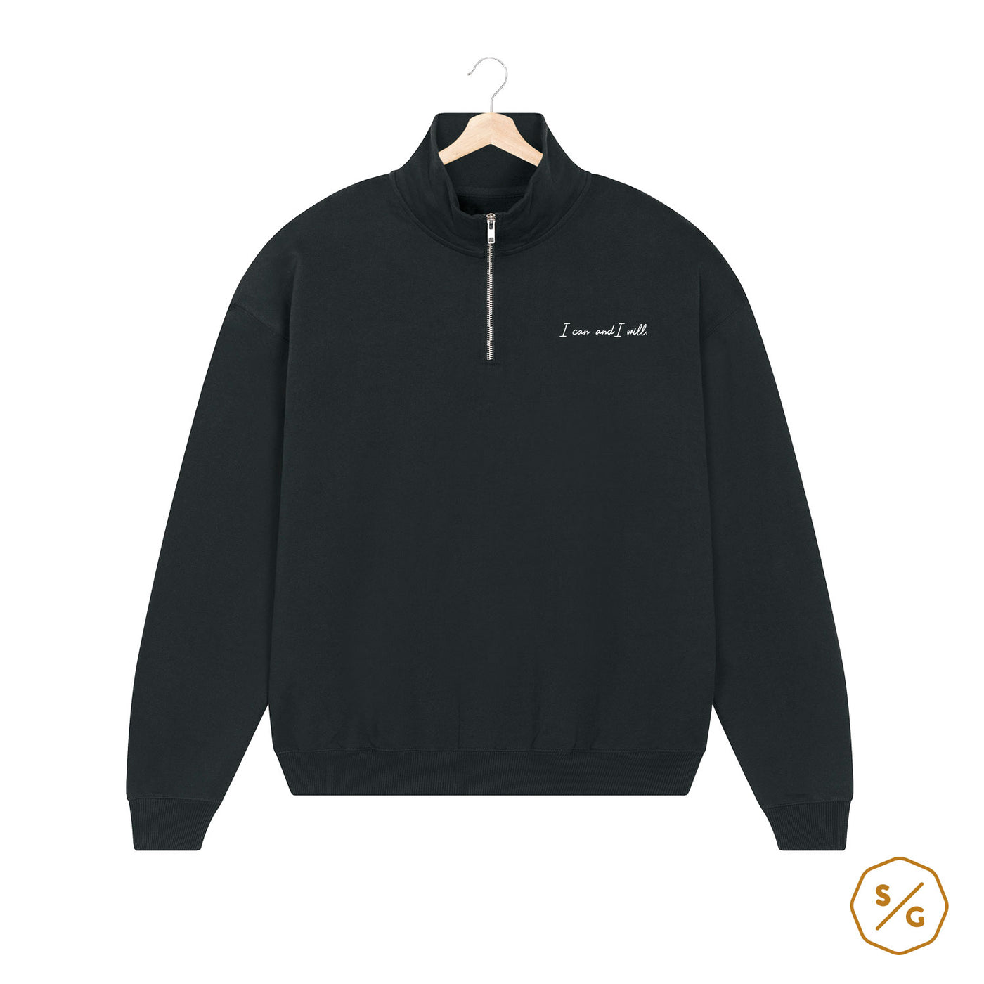 EMBROIDERED HALF-ZIP SWEATER • I CAN AND I WILL