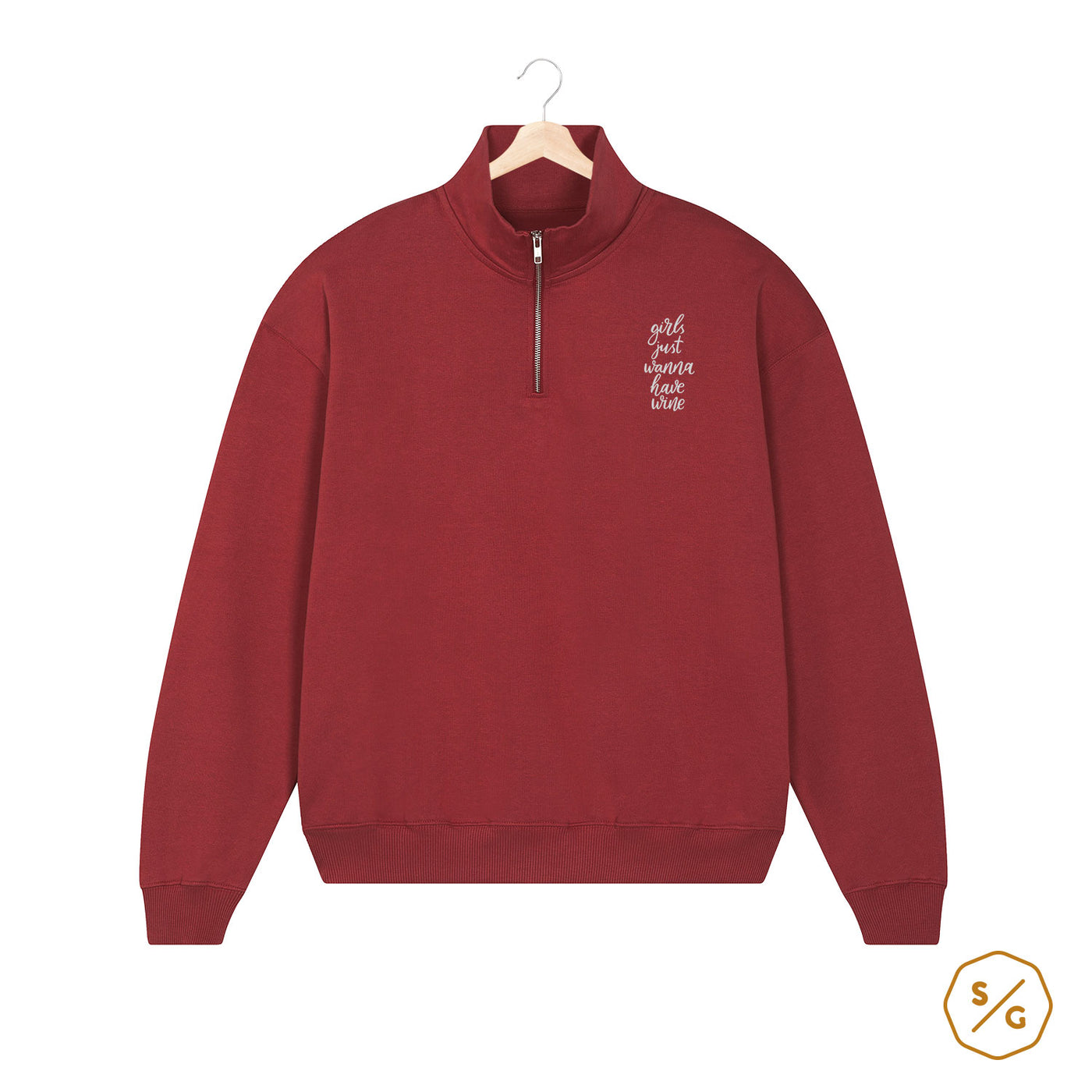 BESTICKTER HALF-ZIP SWEATER • GIRLS JUST WANNA HAVE WINE