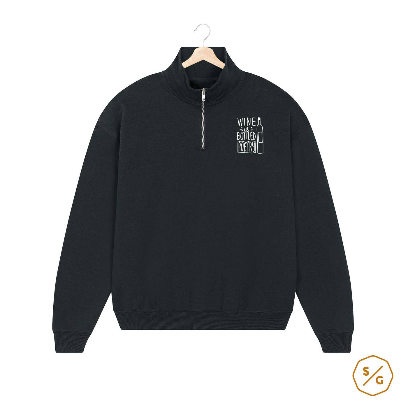 BESTICKTER HALF-ZIP SWEATER • WINE IS BOTTLED POETRY