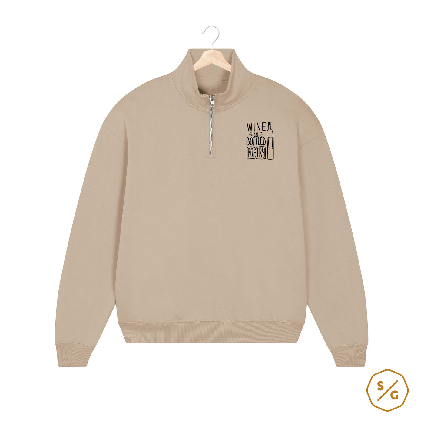 EMBROIDERED HALF-ZIP SWEATER • WINE IS BOTTLED POETRY