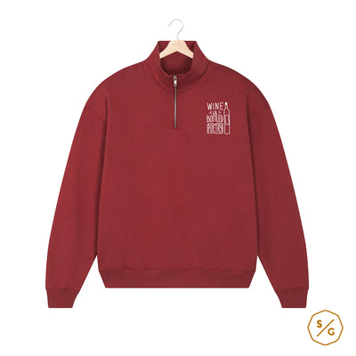 EMBROIDERED HALF-ZIP SWEATER • WINE IS BOTTLED POETRY