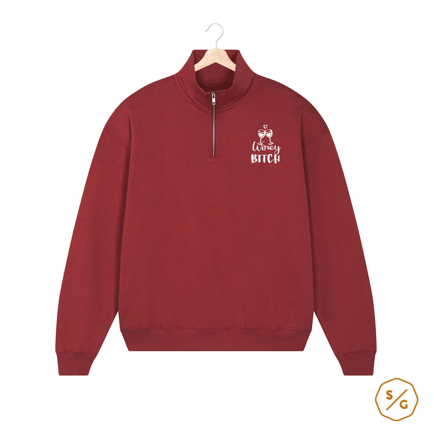 EMBROIDERED HALF-ZIP SWEATER • WINEY BITCH