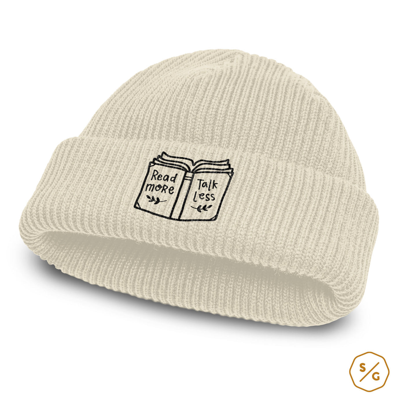 BESTICKTE BEANIE • READ MORE TALK LESS