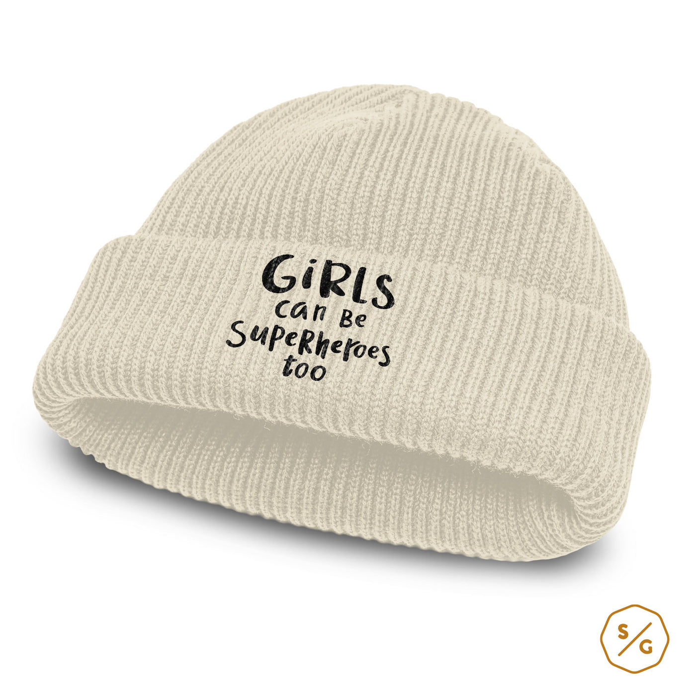 BESTICKTE BEANIE • GIRLS CAN BE SUPERHEROES TOO