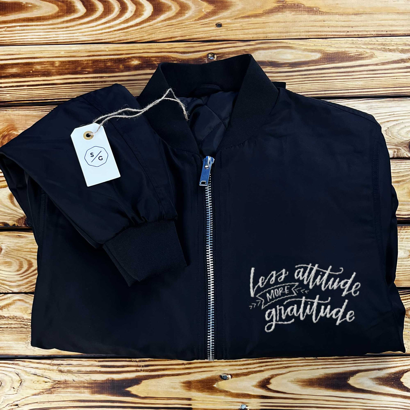 EMBROIDERED BOMBER JACKET • LESS ATTITUDE MORE GRATITUDE