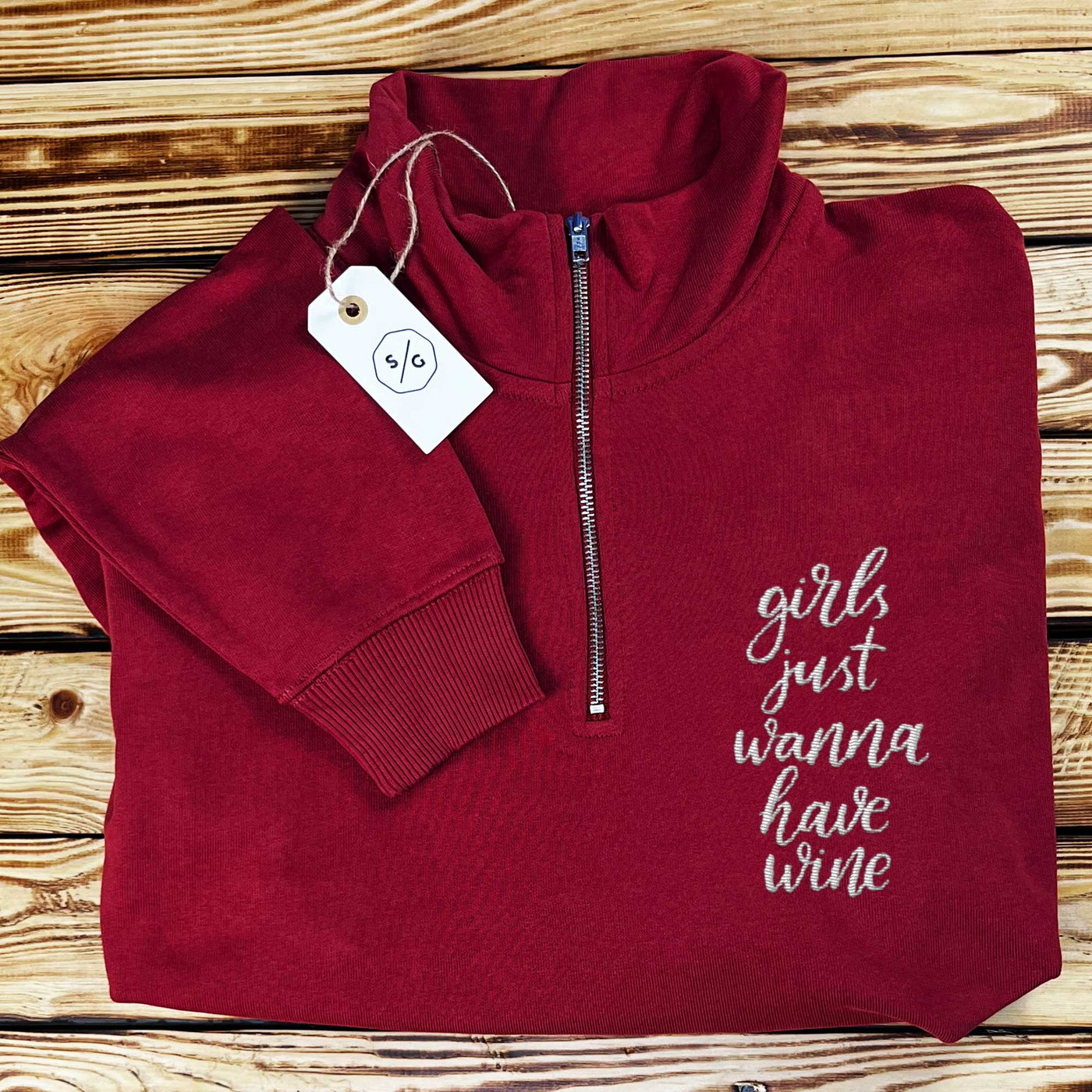 EMBROIDERED HALF-ZIP SWEATER • GIRLS JUST WANNA HAVE WINE