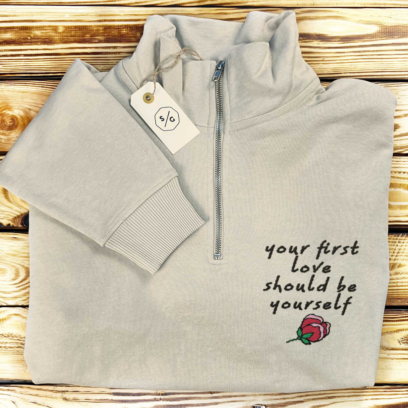 BESTICKTER HALF-ZIP SWEATER • YOUR FIRST LOVE SHOULD BE YOURSELF