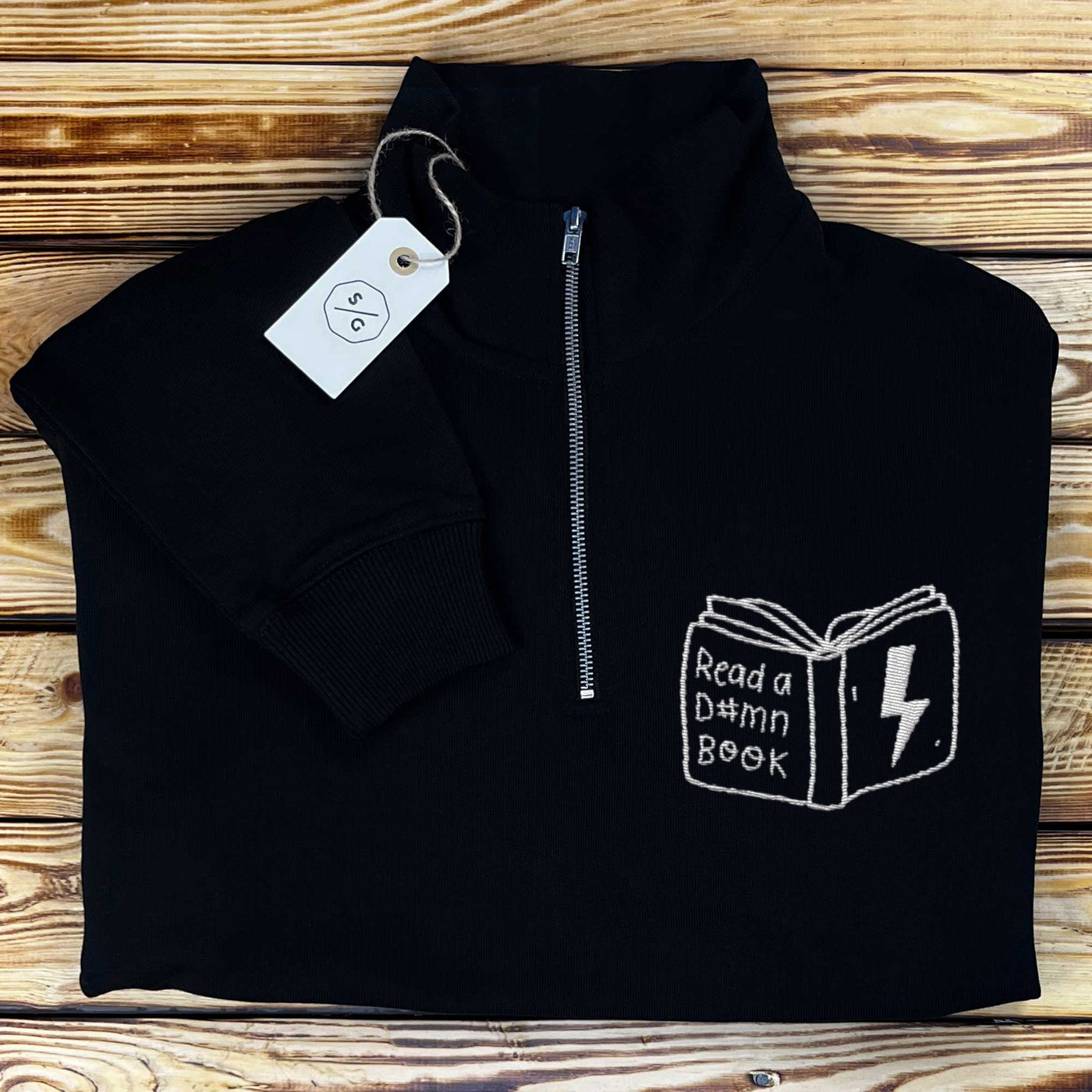 BESTICKTER HALF-ZIP SWEATER • READ A DAMN BOOK