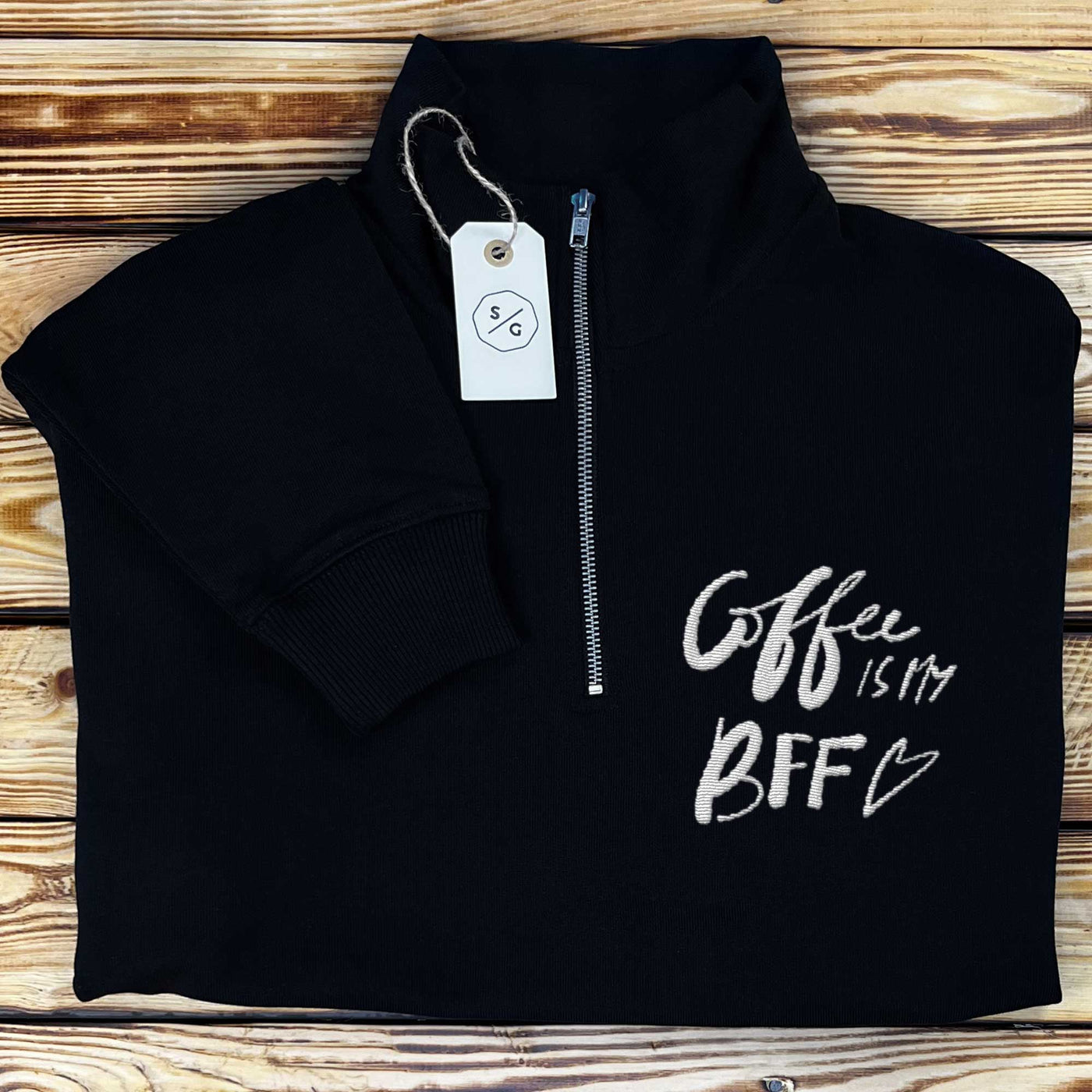 BESTICKTER HALF-ZIP SWEATER • COFFEE IS MY BFF