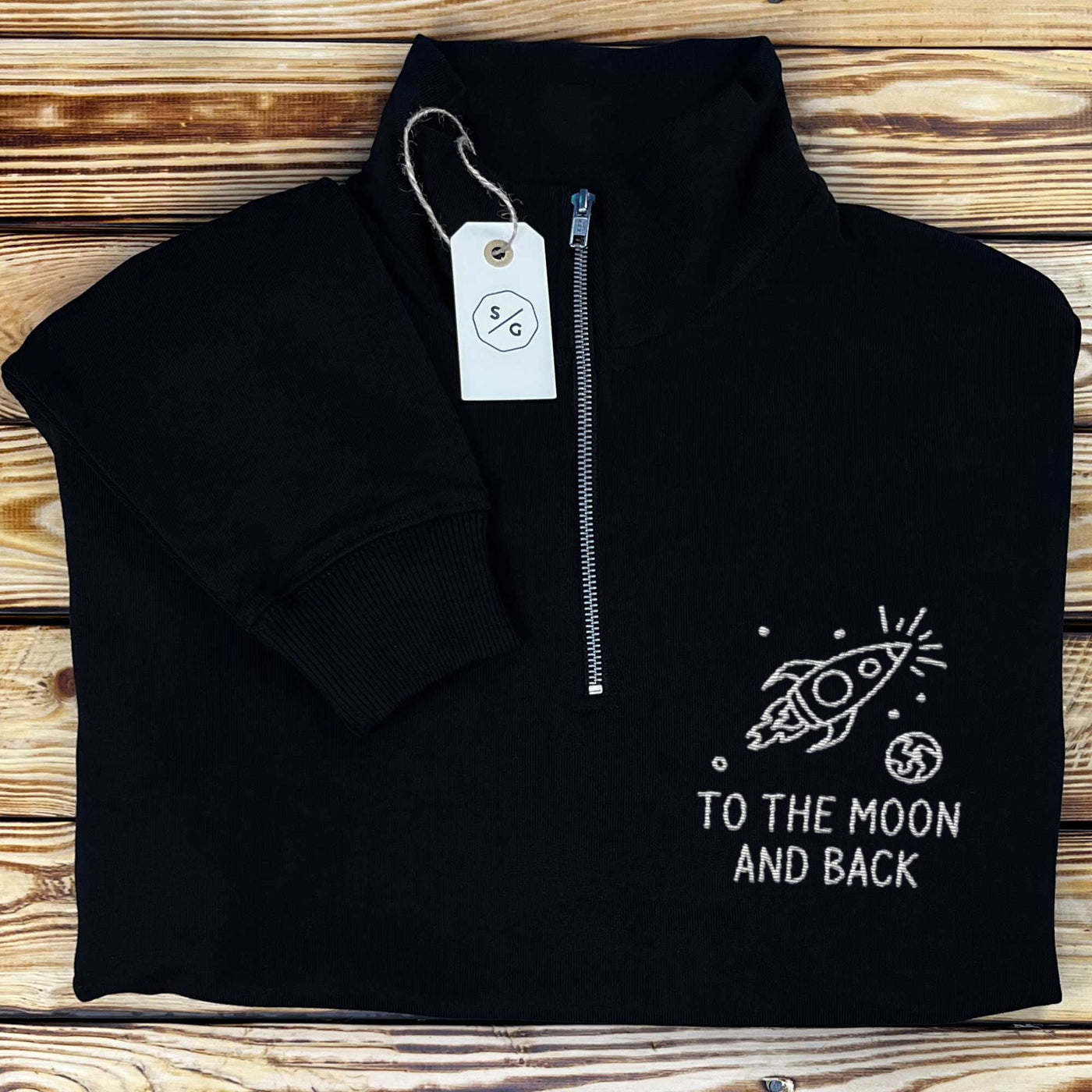 EMBROIDERED HALF-ZIP SWEATER • TO THE MOON AND BACK