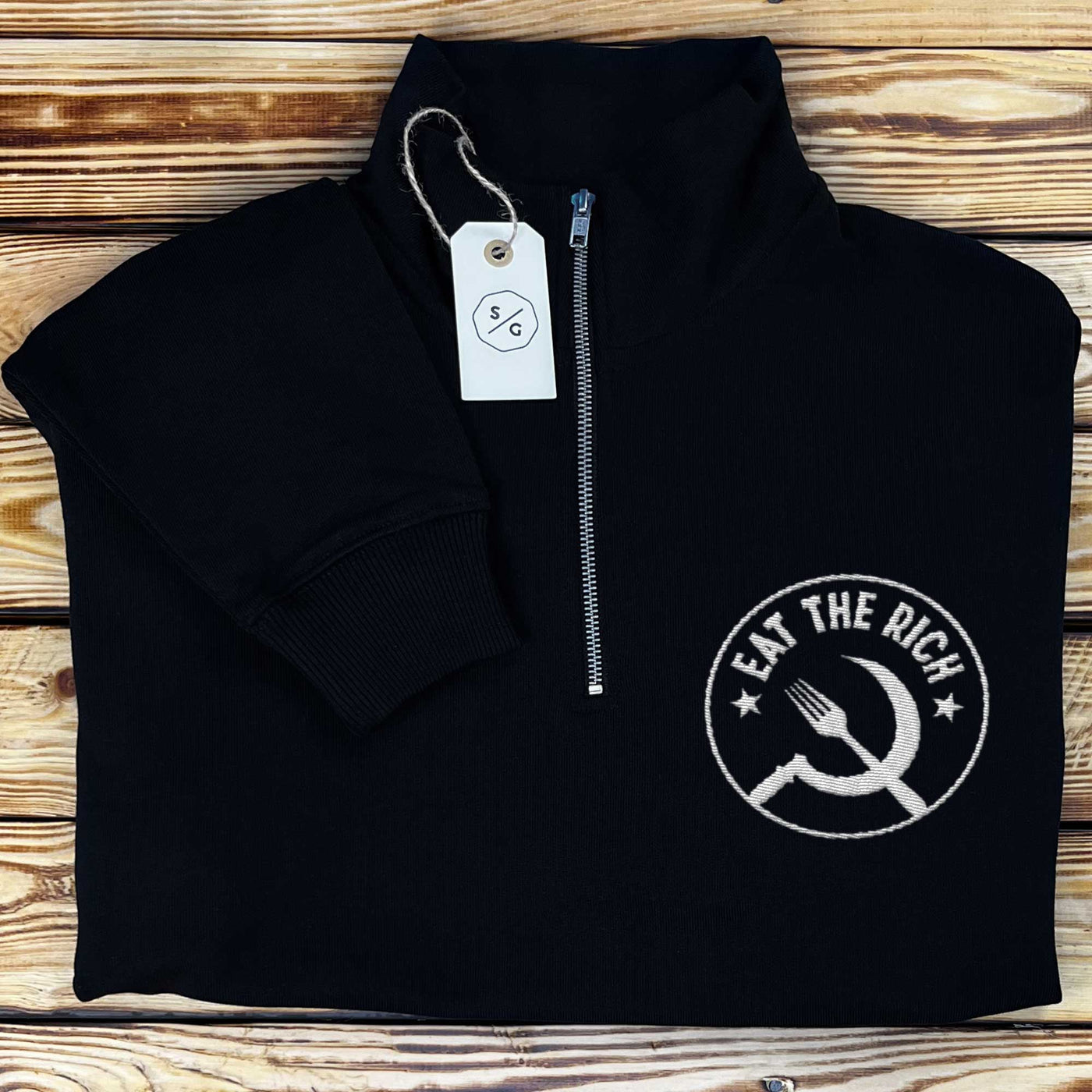 BESTICKTER HALF-ZIP SWEATER • EAT THE RICH / BADGE