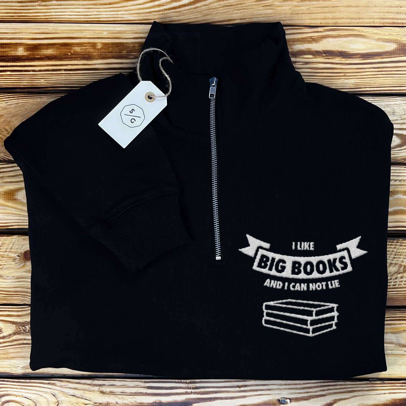 EMBROIDERED HALF-ZIP SWEATER • I LIKE BIG BOOKS