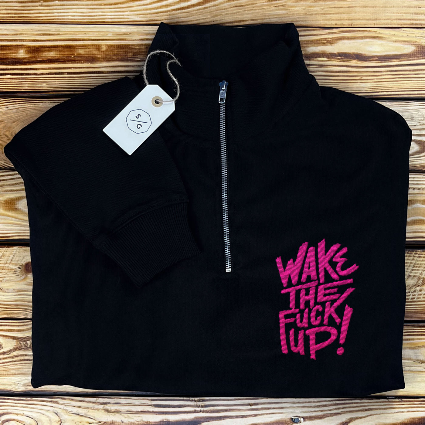 EMBROIDERED HALF-ZIP SWEATER • WAKE THE FUCK UP