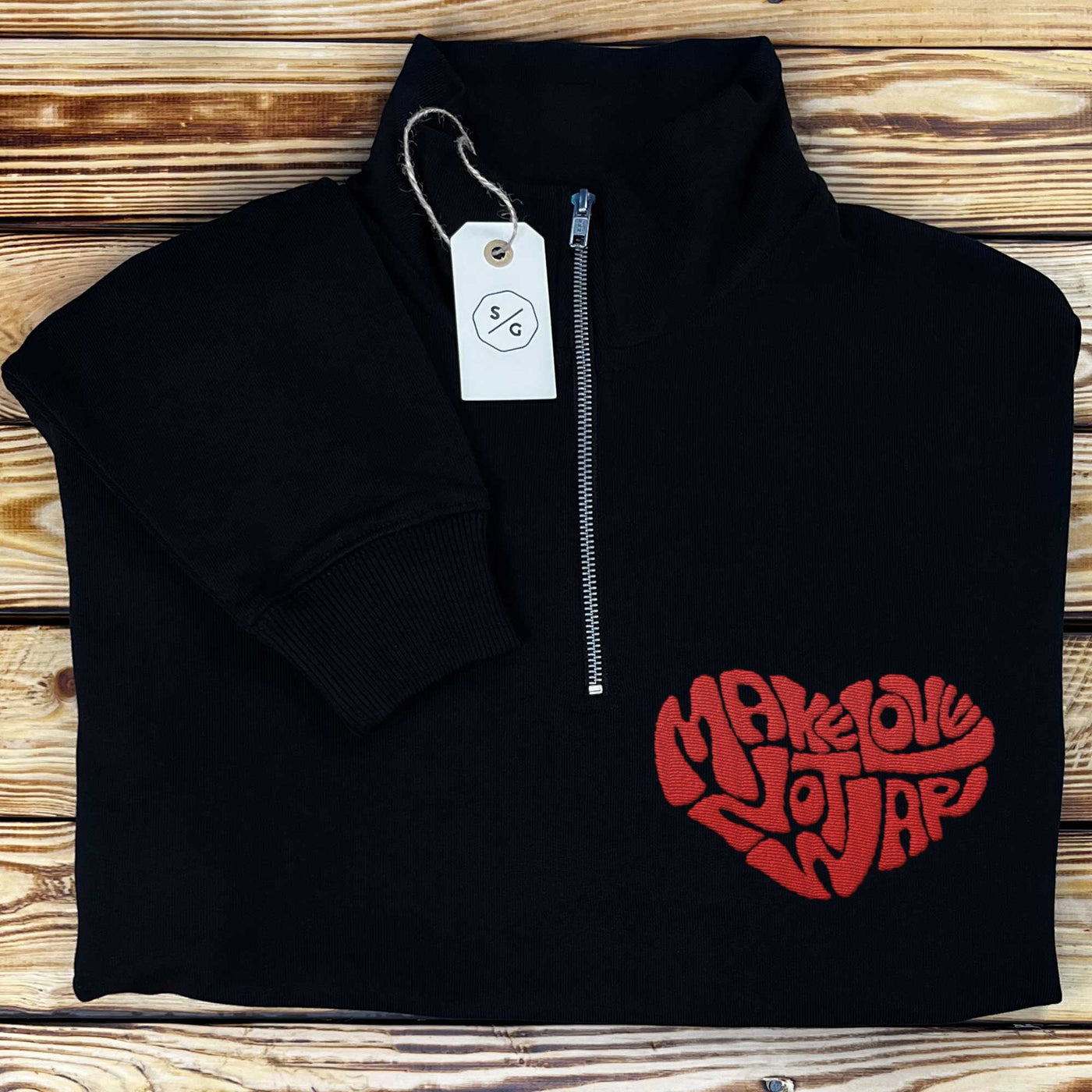 BESTICKTER HALF-ZIP SWEATER • MAKE LOVE NOT WAR