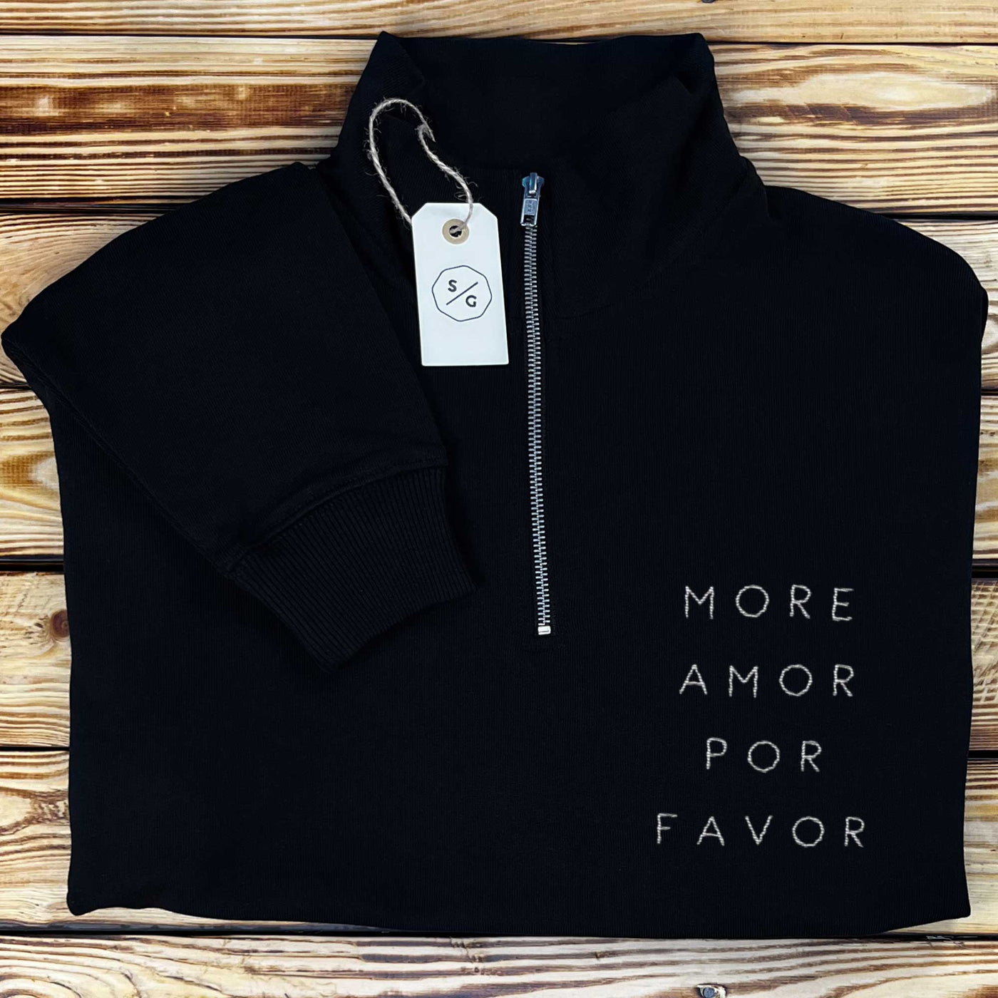 EMBROIDERED HALF-ZIP SWEATER • MORE AMOR POR FAVOR