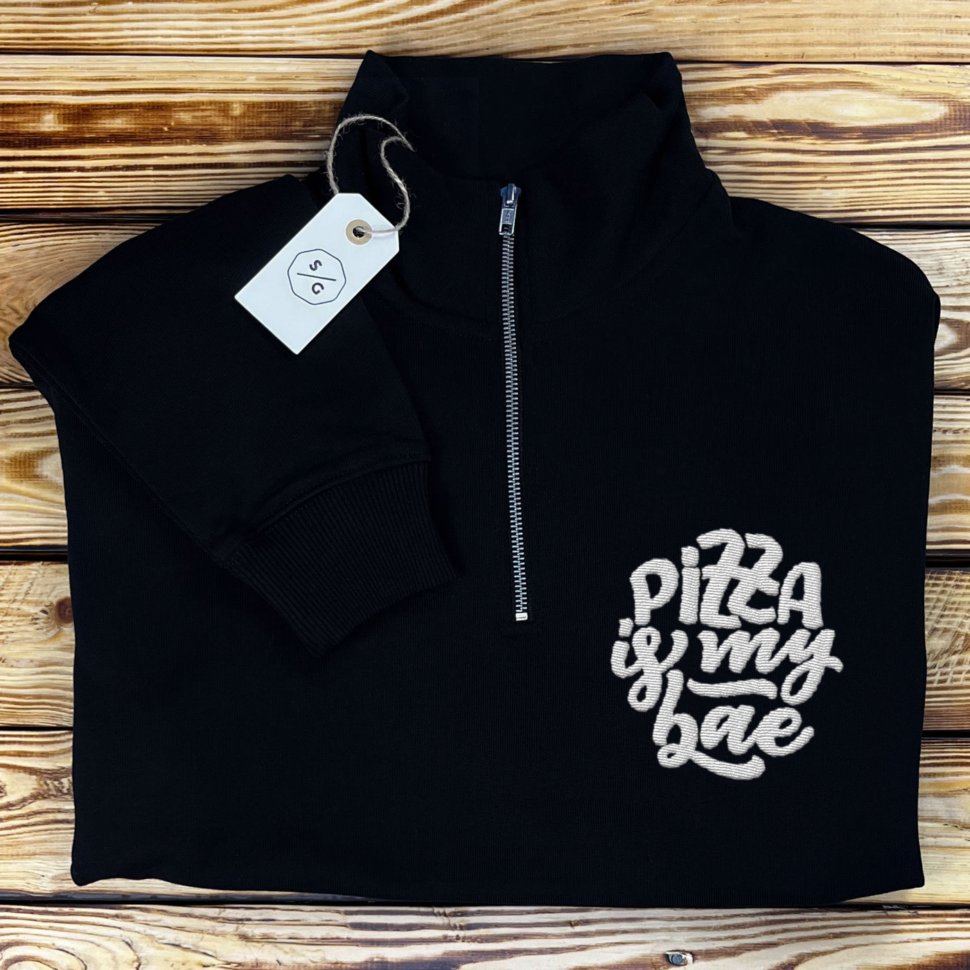 EMBROIDERED HALF-ZIP SWEATER • PIZZA IS MY BAE