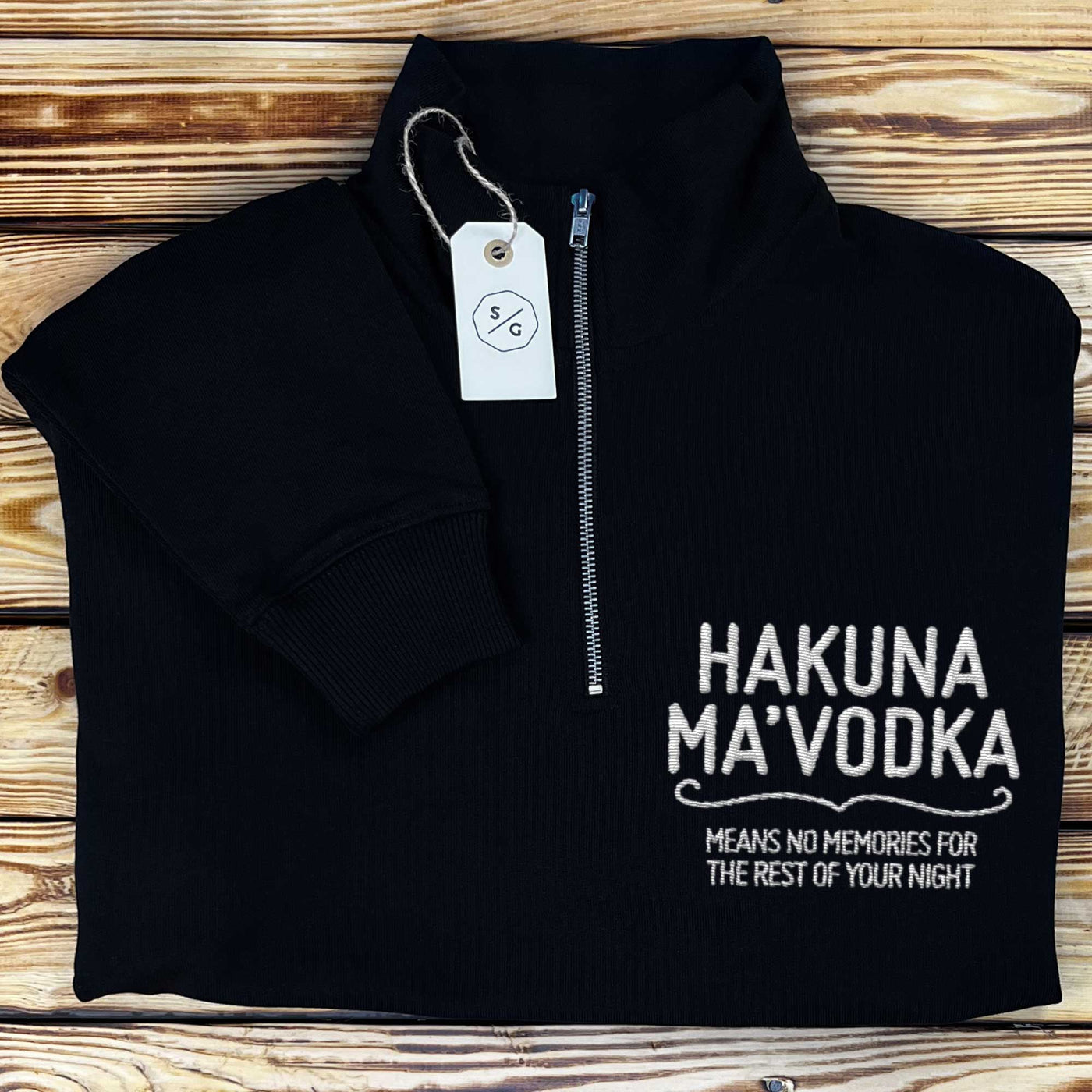 BESTICKTER HALF-ZIP SWEATER • HAKUNA MA'VODKA