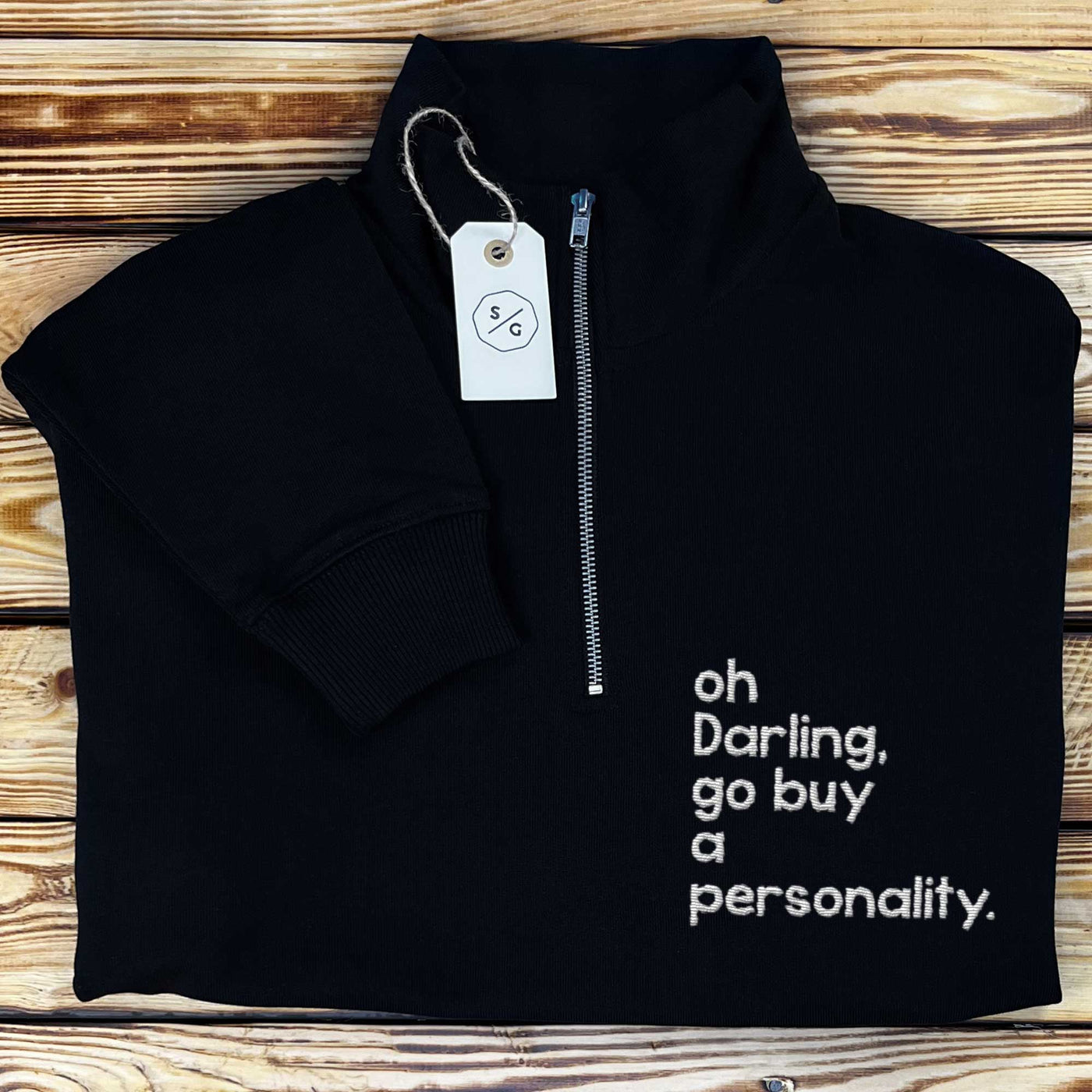 EMBROIDERED HALF-ZIP SWEATER • OH DARLING, GO BUY A PERSONALITY.