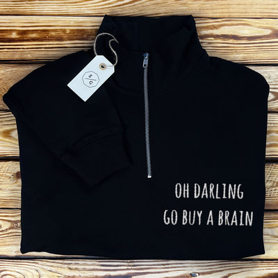 EMBROIDERED HALF-ZIP SWEATER • OH DARLING GO BUY A BRAIN