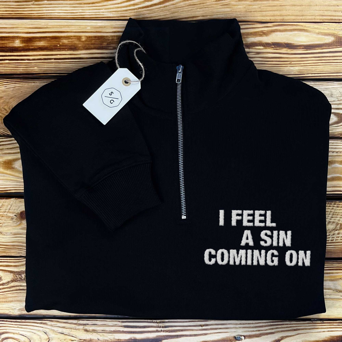 BESTICKTER HALF-ZIP SWEATER • I FEEL A SIN COMING ON