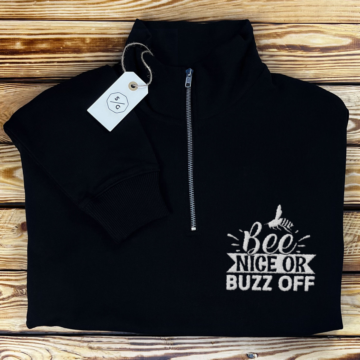 BESTICKTER HALF-ZIP SWEATER • BEE NICE OR BUZZ OFF