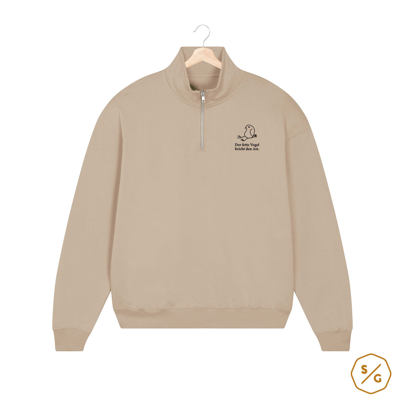 HALF-ZIP SWEATER • THE FAT BIRD BREAKS THE BRANCH.