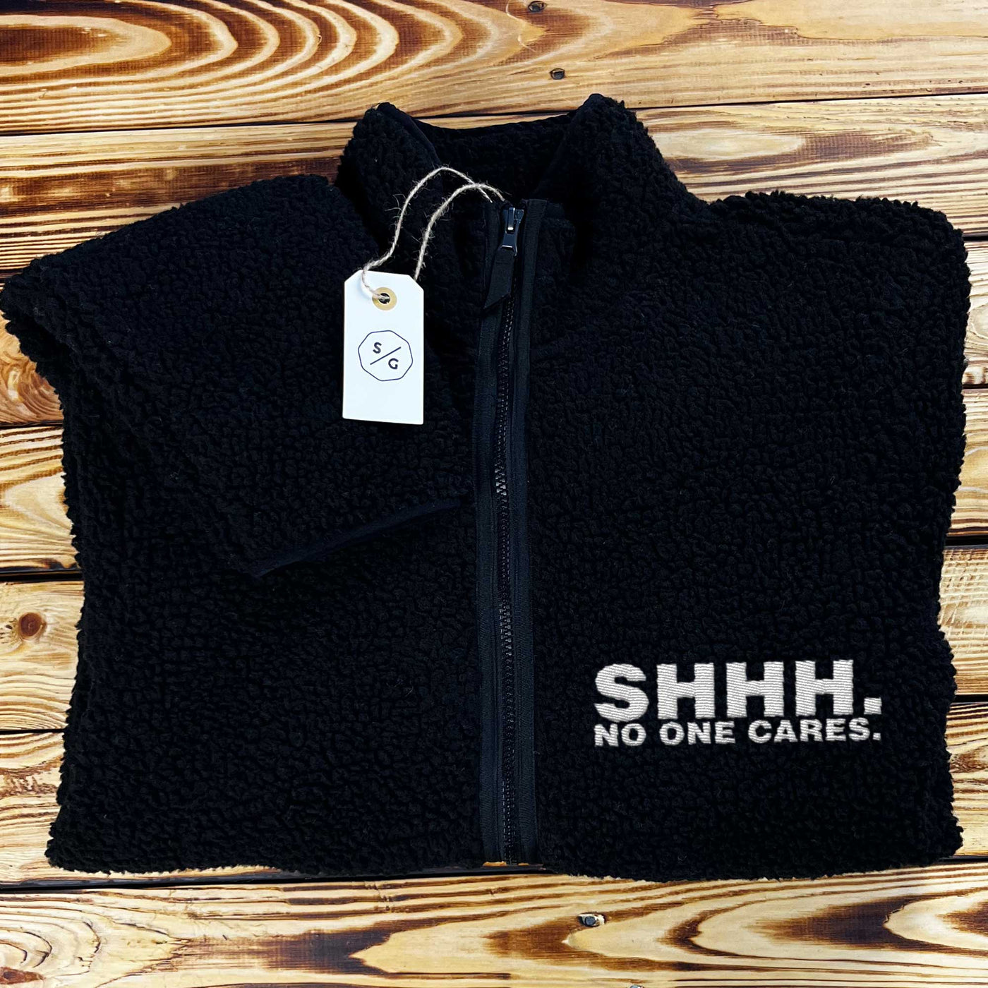 EMBROIDERED SHERPA JACKET • SHHH. NO ONE CARES.