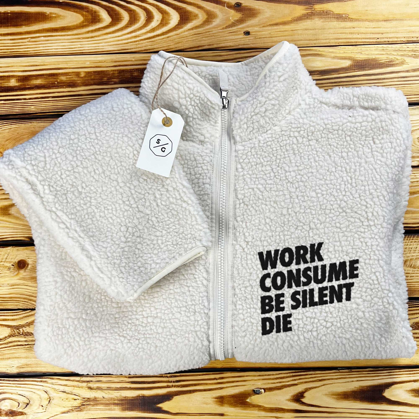 BESTICKTER SHERPA JACKE • WORK CONSUME BE SILENT DIE