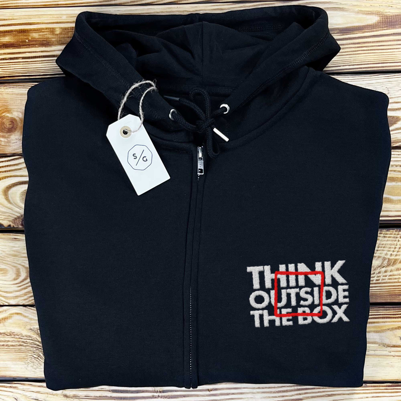 EMBROIDERED ZIPPER HOODIE • THINK OUTSIDE THE BOX