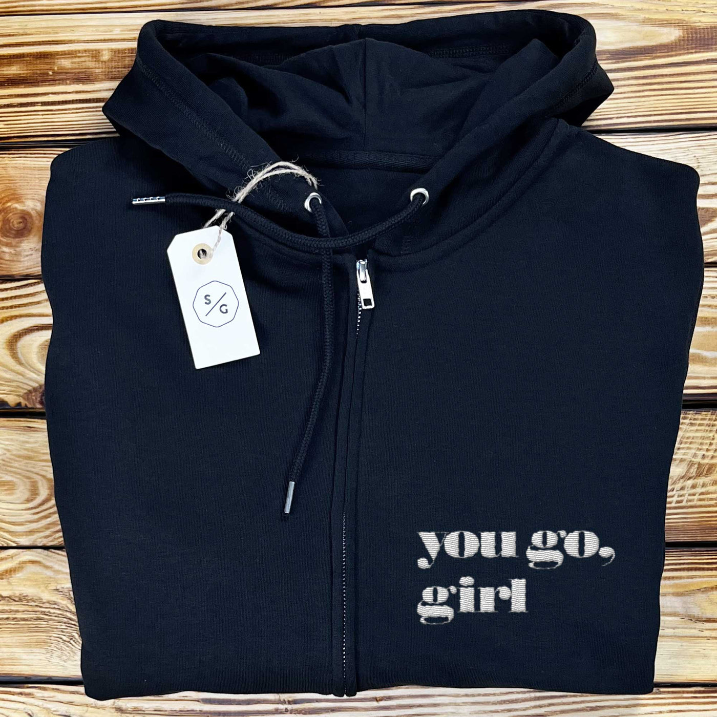 EMBROIDERED ZIPPER HOODIE • YOU GO, GIRL