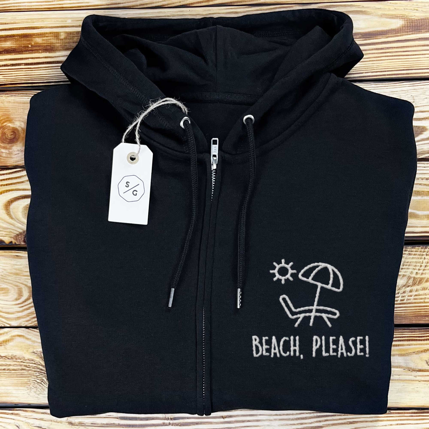 EMBROIDERED ZIPPER HOODIE • BEACH, PLEASE