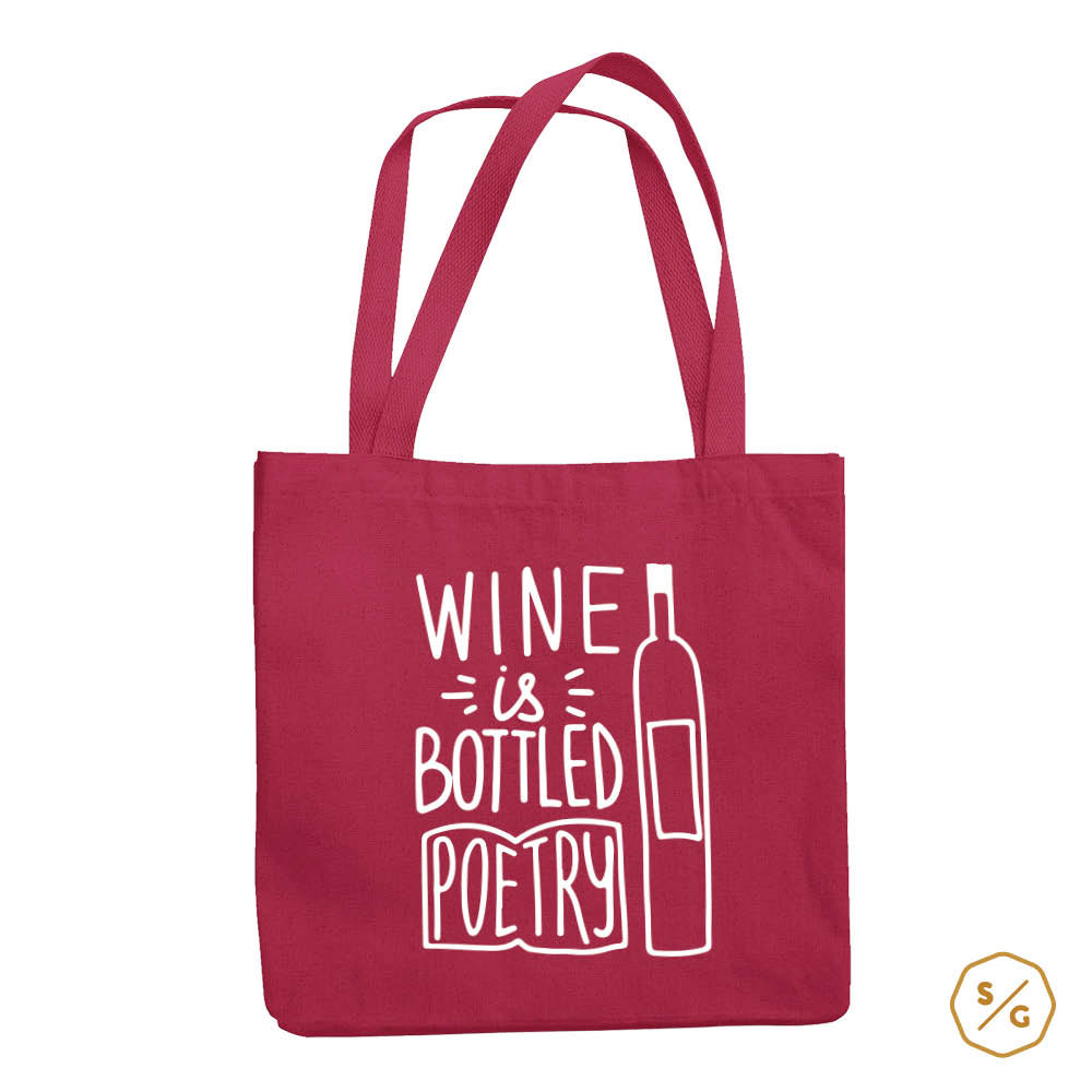 BEDRUCKTE BAUMWOLL-TASCHE • WINE IS BOTTLED POETRY