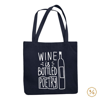 BEDRUCKTE BAUMWOLL-TASCHE • WINE IS BOTTLED POETRY