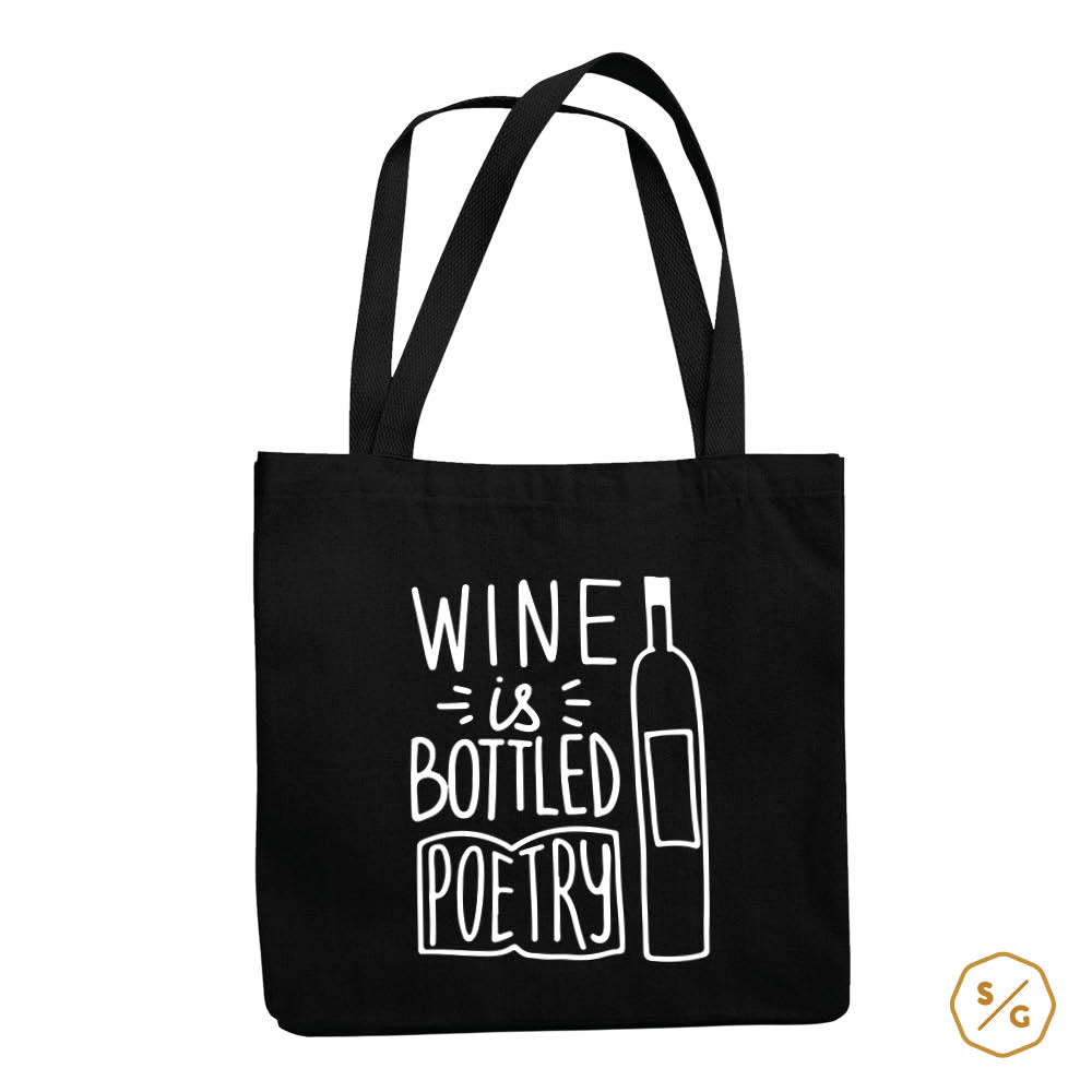 BEDRUCKTE BAUMWOLL-TASCHE • WINE IS BOTTLED POETRY